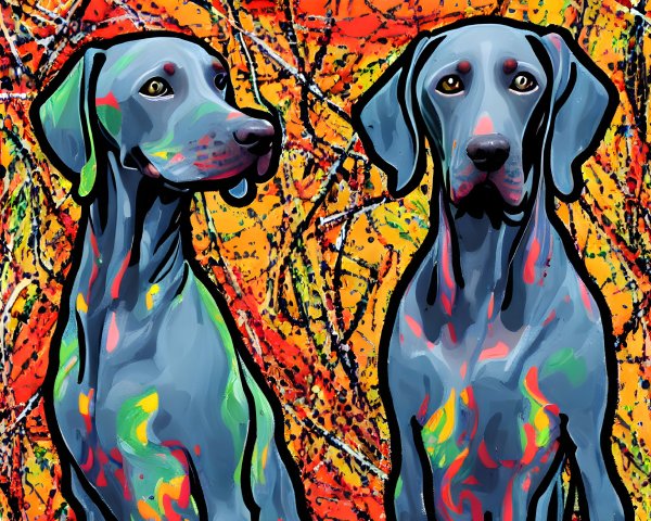 Abstract Art: Colorful Weimaraner Dogs in Dynamic Paint Splatter Scene