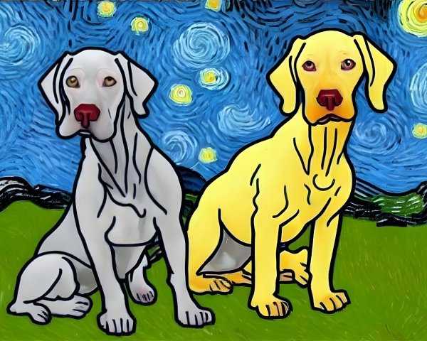 Cartoon dogs with red noses in Van Gogh-inspired scene