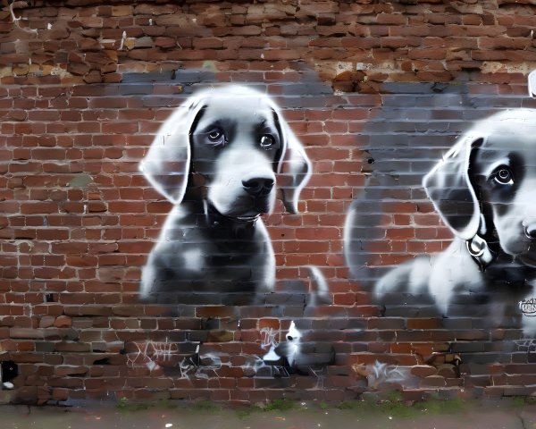 Black and white graffiti murals of puppies and cat on weathered brick wall