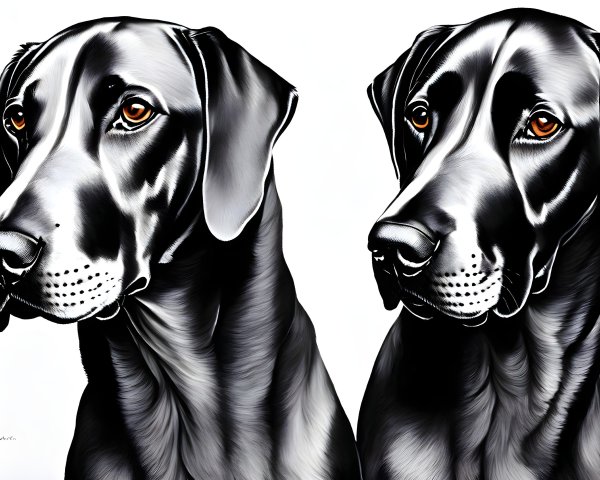 Detailed Artistic Black Labrador Dog Portraits with Orange Eyes on White Background