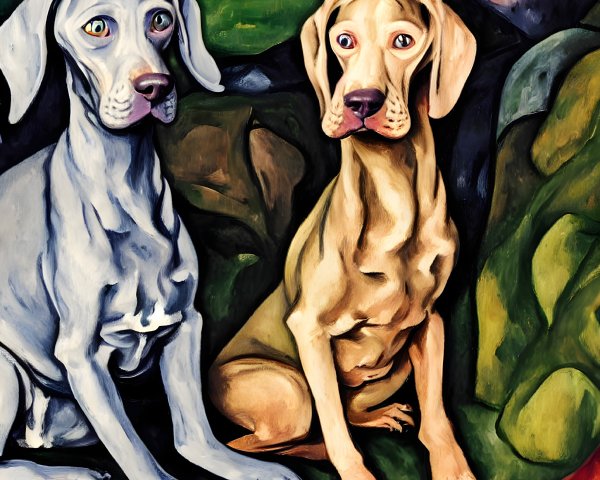 Abstract painting of two dogs with human-like eyes on colorful background