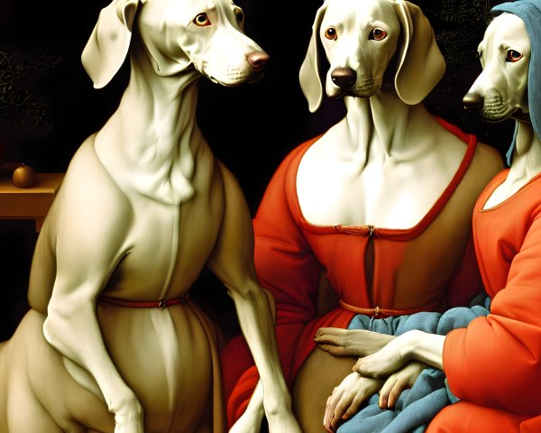 Anthropomorphic Dogs in Renaissance Attire Pose Together