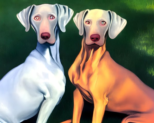 Two Weimaraner Dogs Sitting on Grass, One White and One Fawn Coat