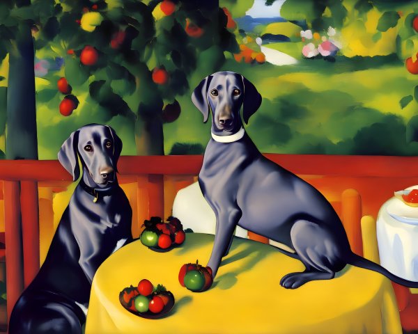 Two Grey Dogs Sitting at Table with Tomatoes in Front of Fruit Tree Garden