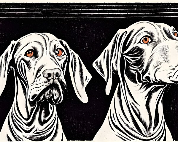 Illustrated white dogs with dark lines and expressive eyes on textured dark background
