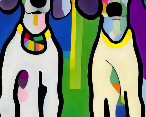 Stylized colorful dogs with abstract patterns on vibrant background