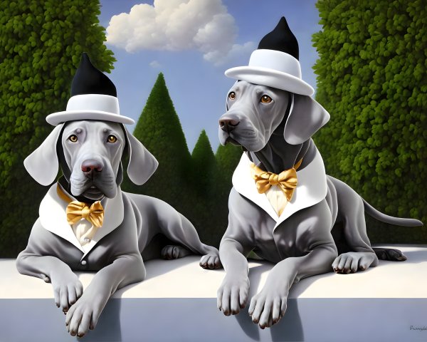 Two Weimaraner Dogs in White Shirts, Bow Ties, and Hats by Neat