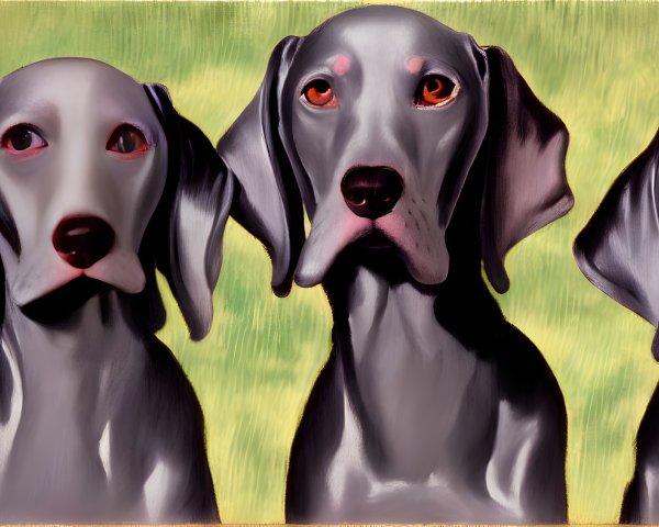 Three Grey Weimaraner Dogs Against Yellow and Green Background