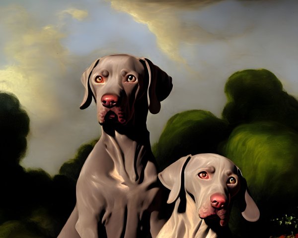 Two Weimaraner dogs in a contemplative scene with moody skies and lush foliage