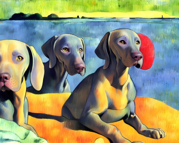 Colorful Stylized Dogs by Lake with Red Frisbee