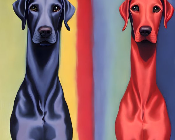Stylized blue and red dogs on bold striped background