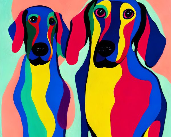 Vibrant abstract painting of two dogs in bold colors