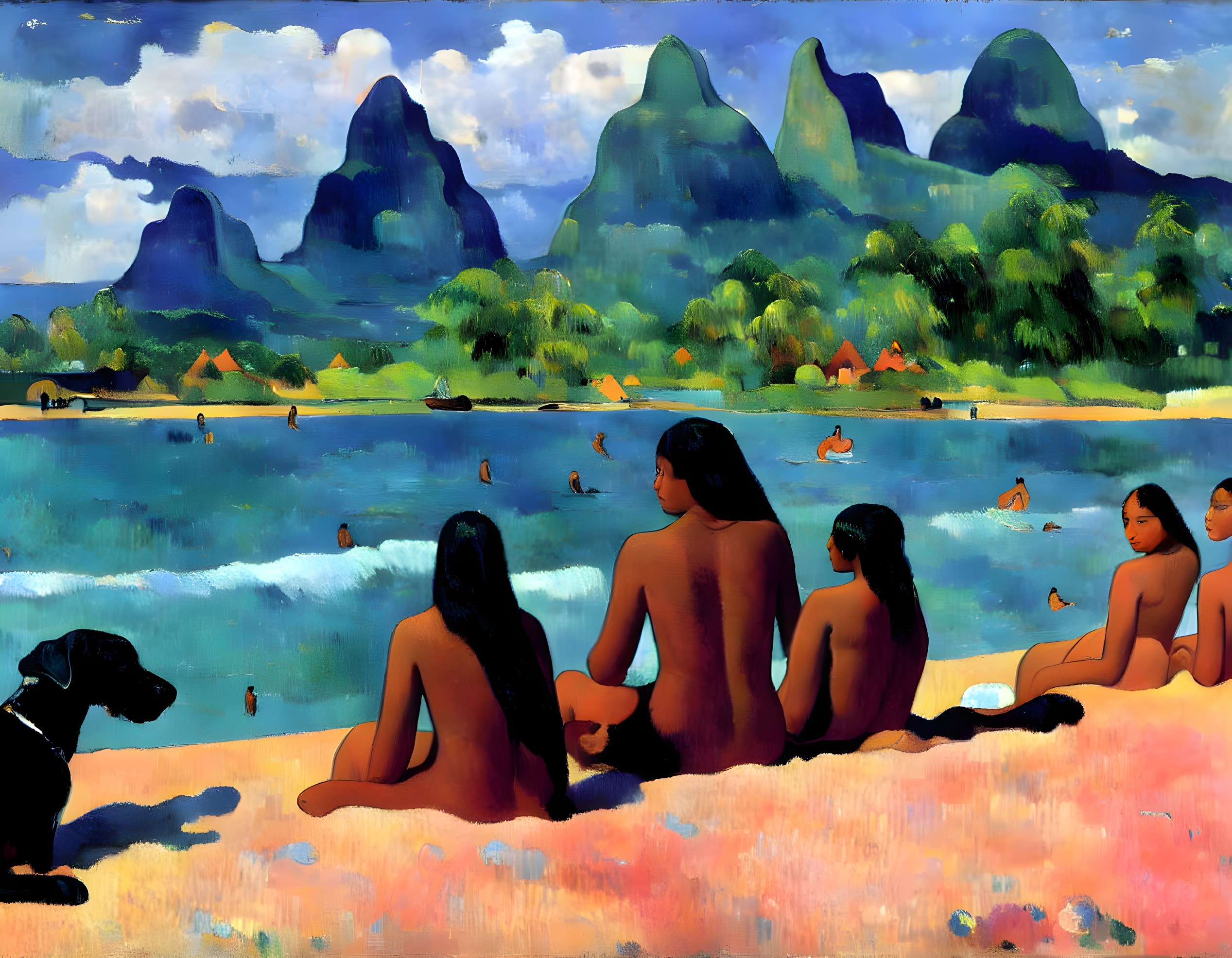 Scenic beach painting with people, dog, mountains, and water activities