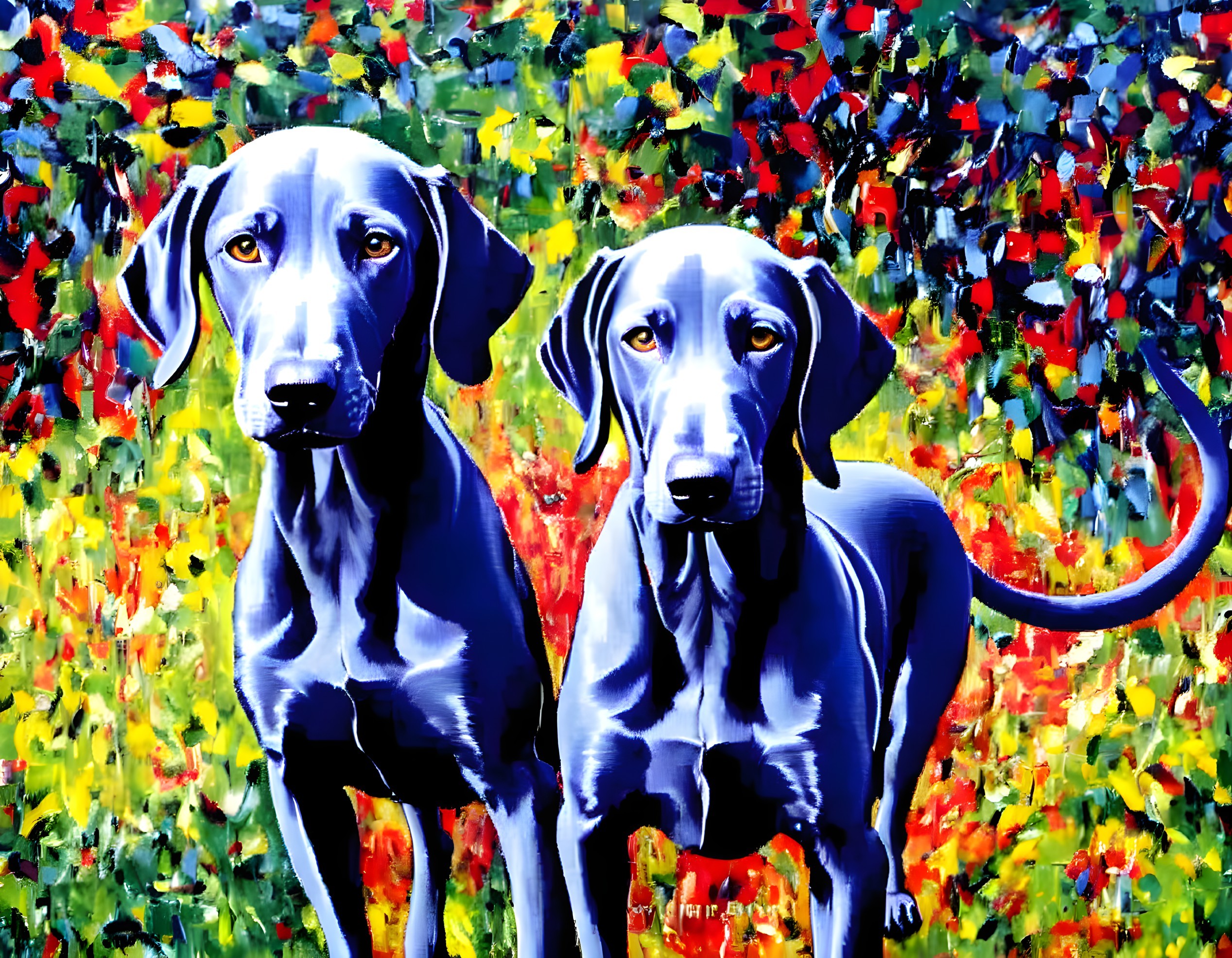 Two Black Dogs Against Colorful Abstract Floral Backdrop