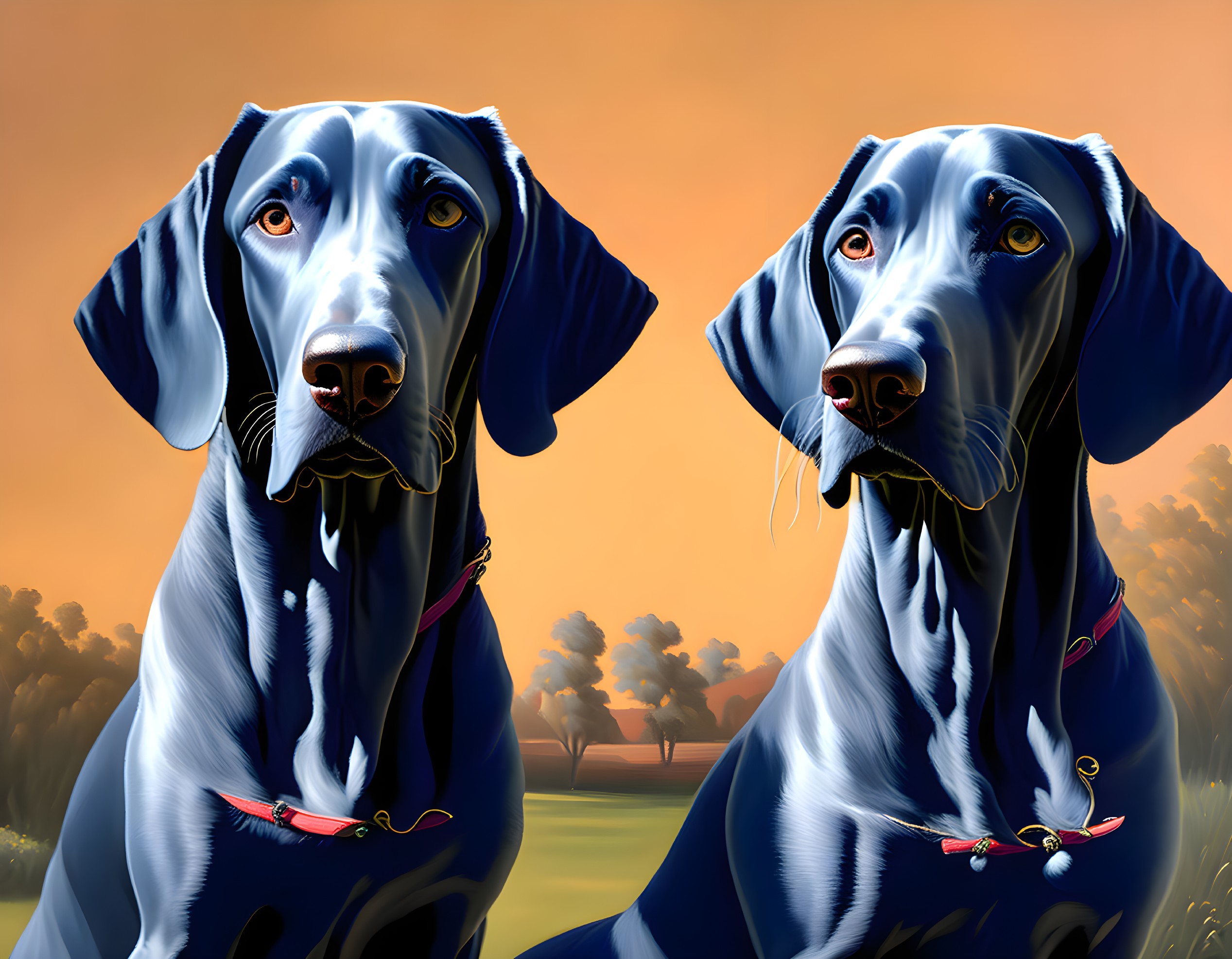 Two Blue Weimaraner Dogs with Collars on Orange Landscape