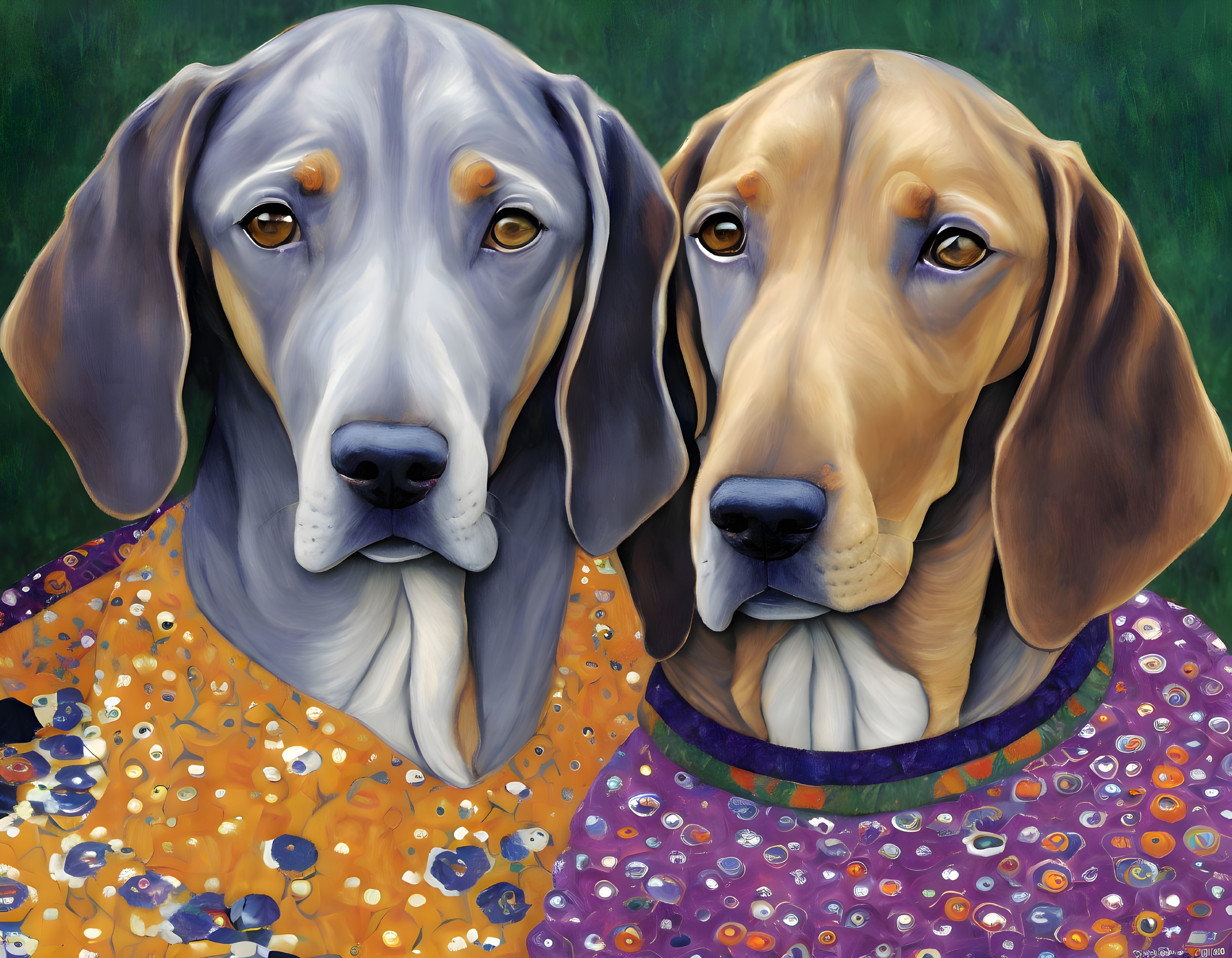 Realistic style: Two dogs in patterned shirts on green background