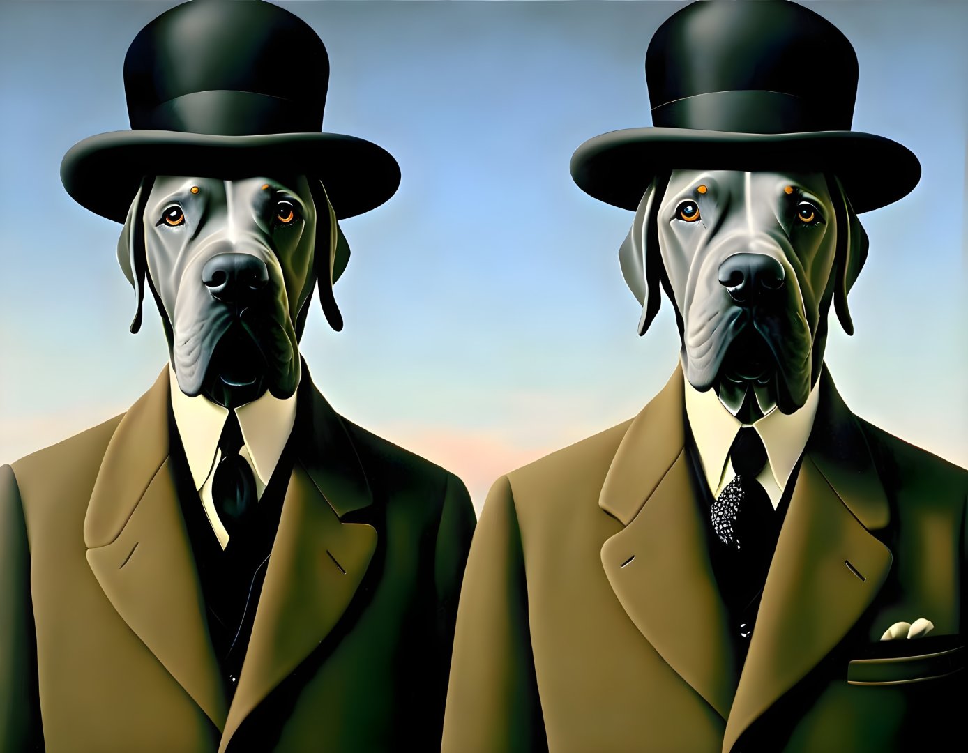 Anthropomorphic Dogs in Suits and Top Hats Against Sky Background