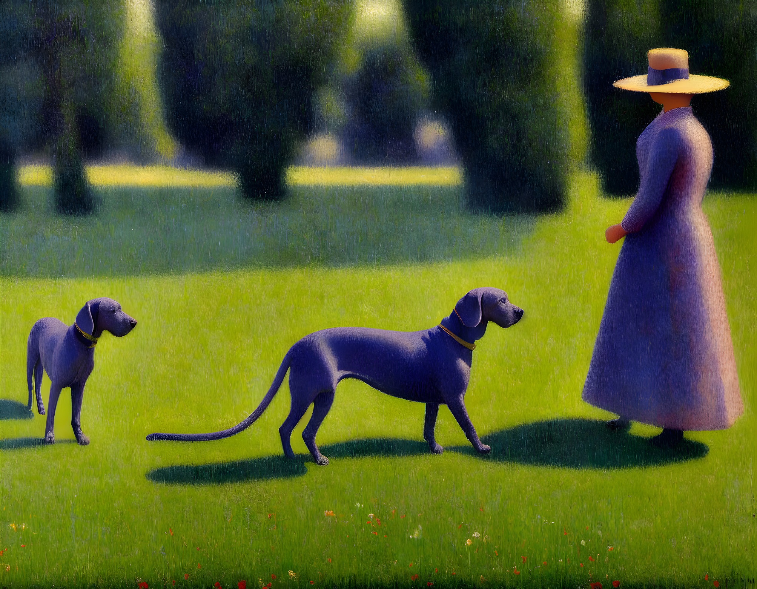 Person in Wide-Brimmed Hat with Dogs in Grassy Field surrounded by Trees