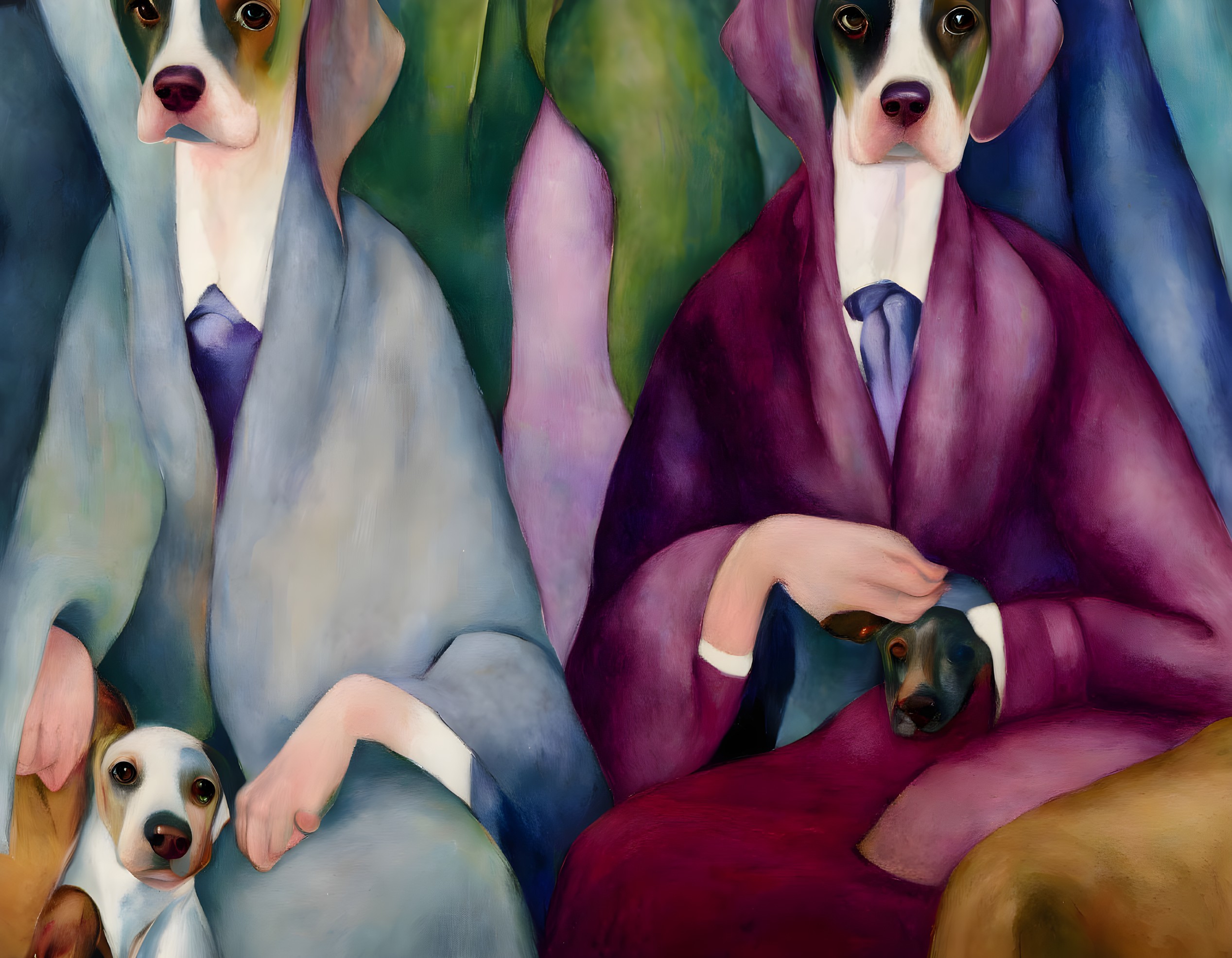 Anthropomorphic dogs in suits and ties with human-like expressions.