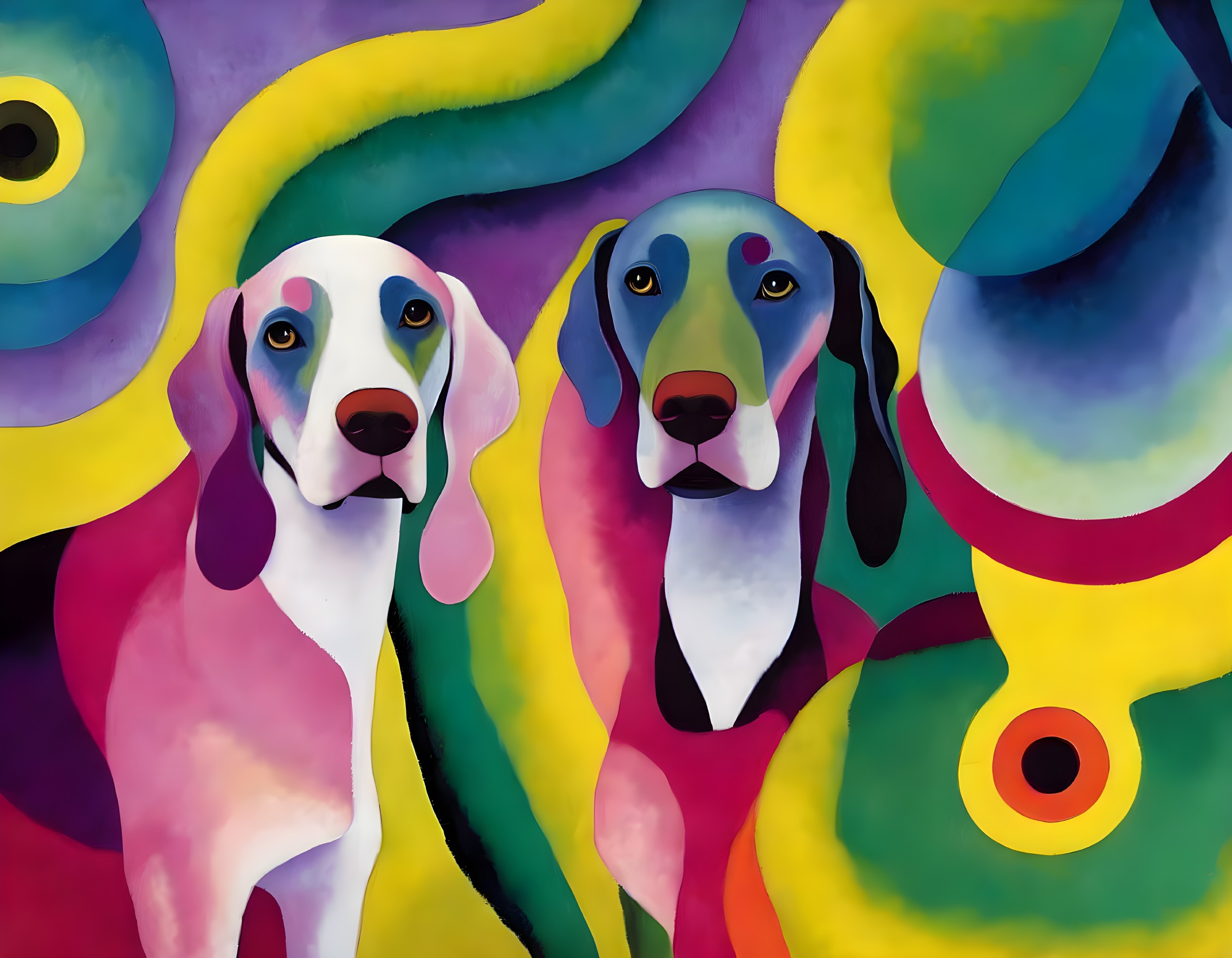 Vibrant abstract painting of two stylized dogs on colorful background