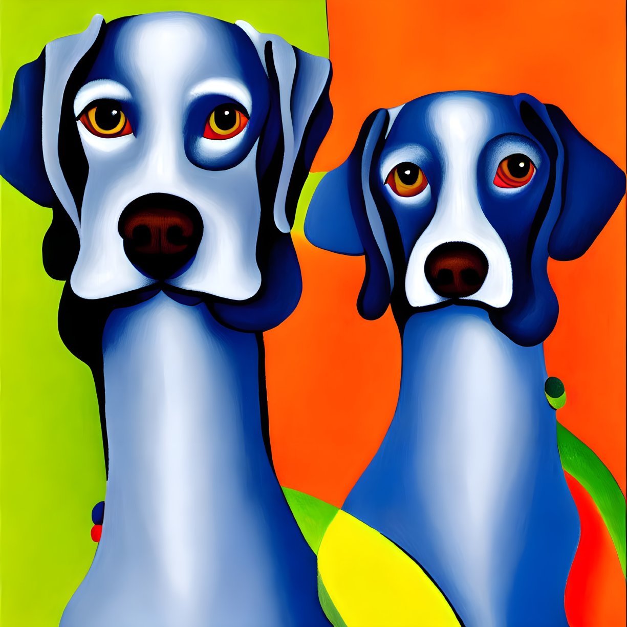 Stylized cartoon dogs with expressive eyes on vibrant background