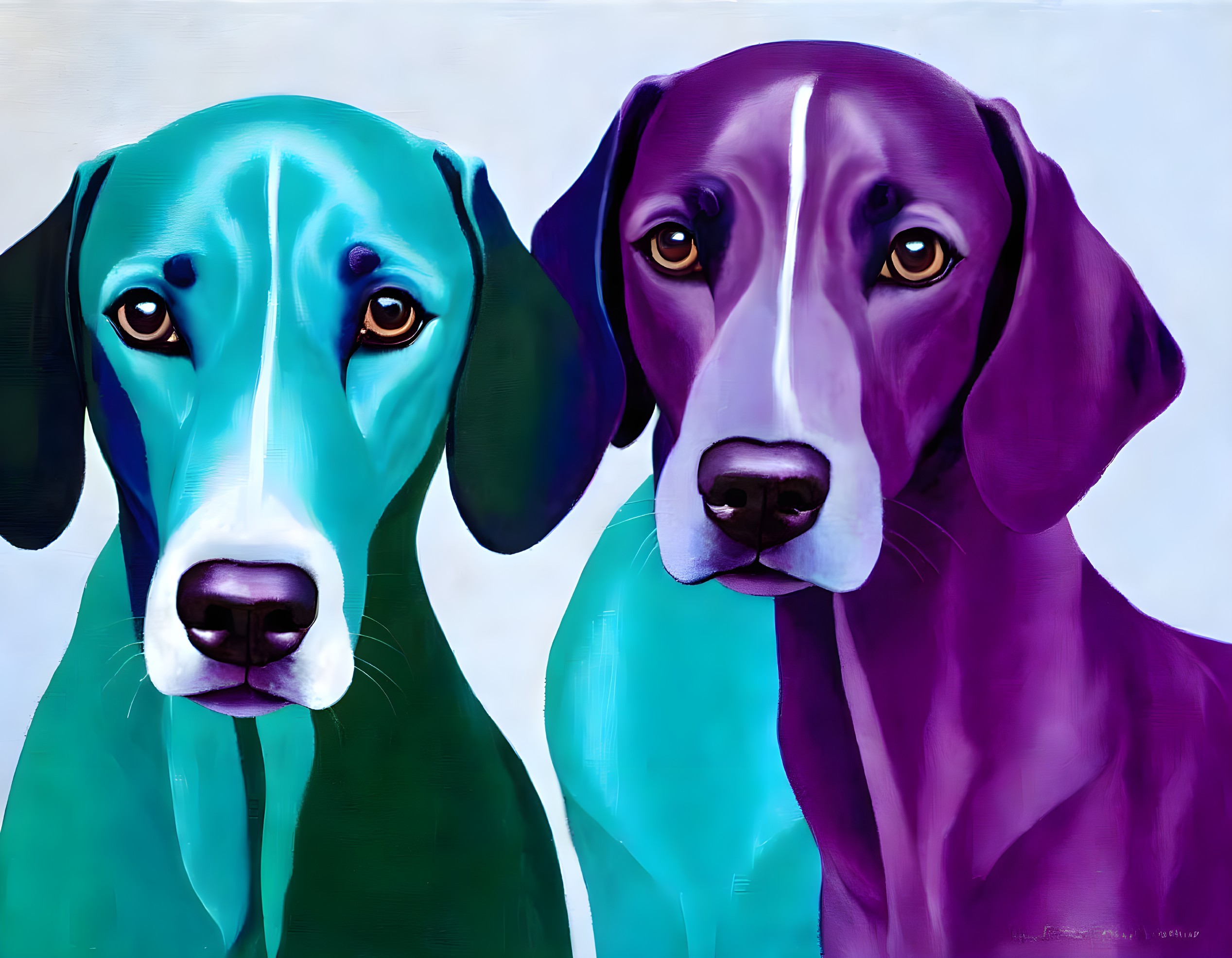 Vibrant blue and purple stylized painting of two dogs with expressive eyes