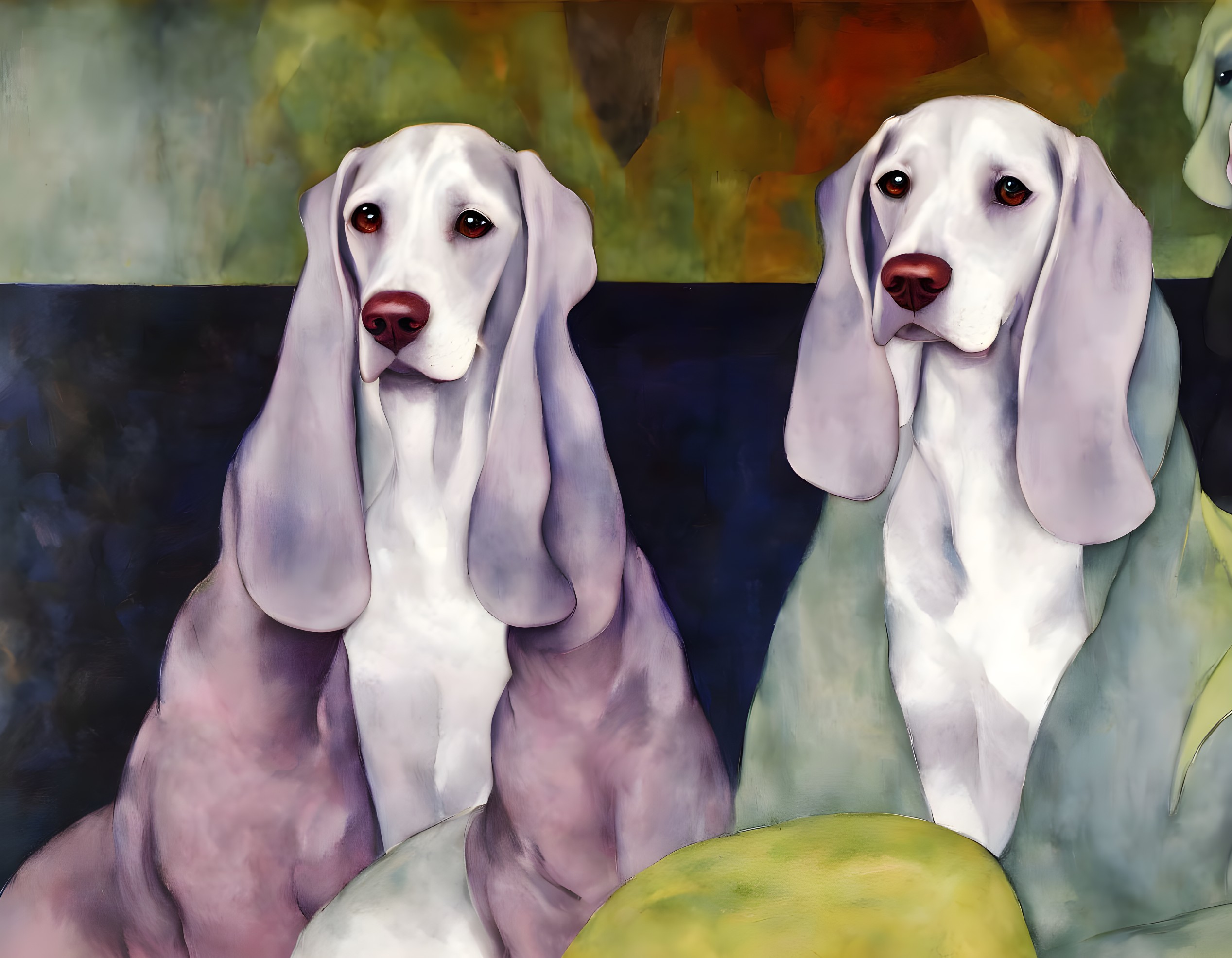 Two White Dogs Painting on Colorful Abstract Background