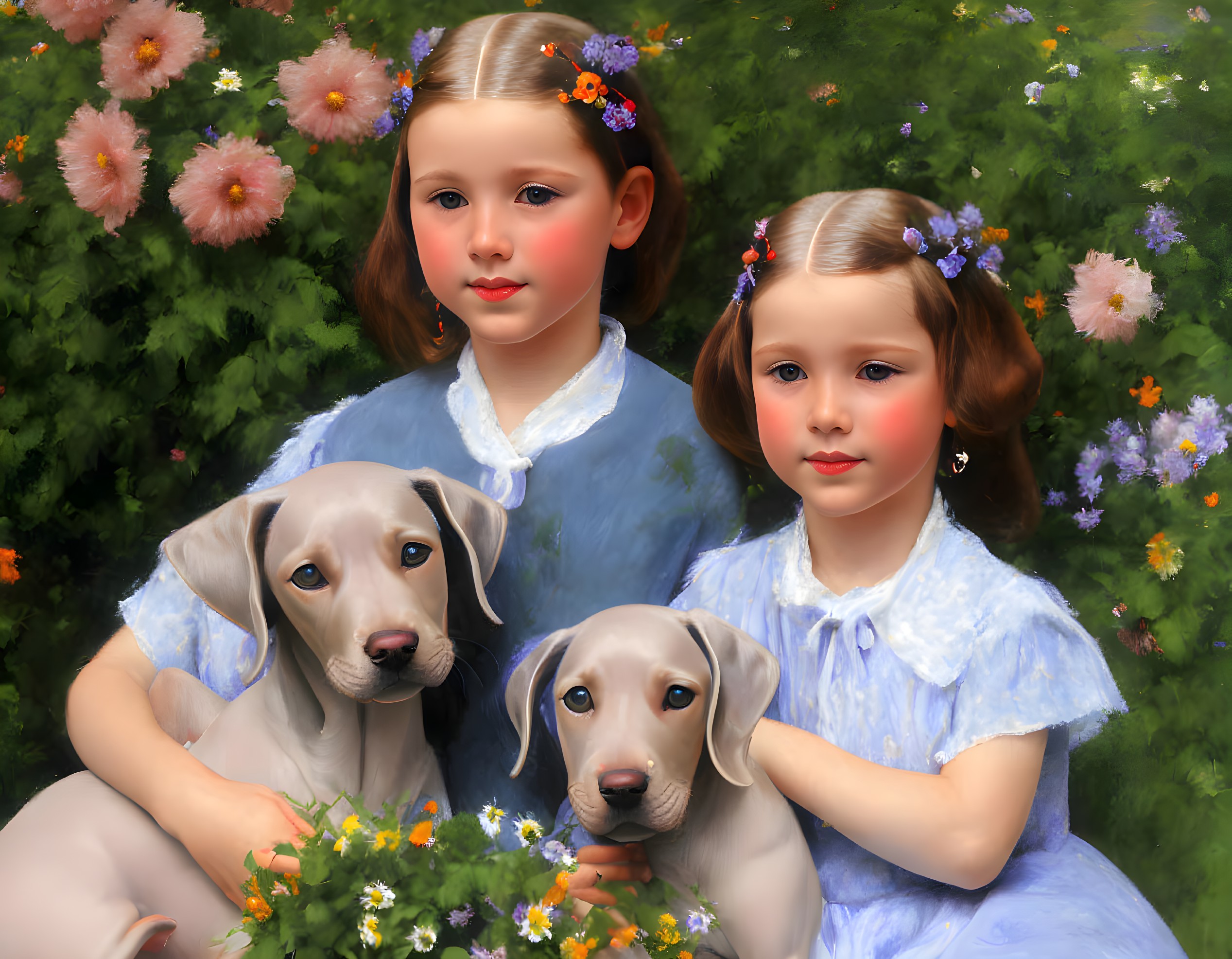 Two Girls in Blue Dresses with Weimaraner Puppies Among Flowers