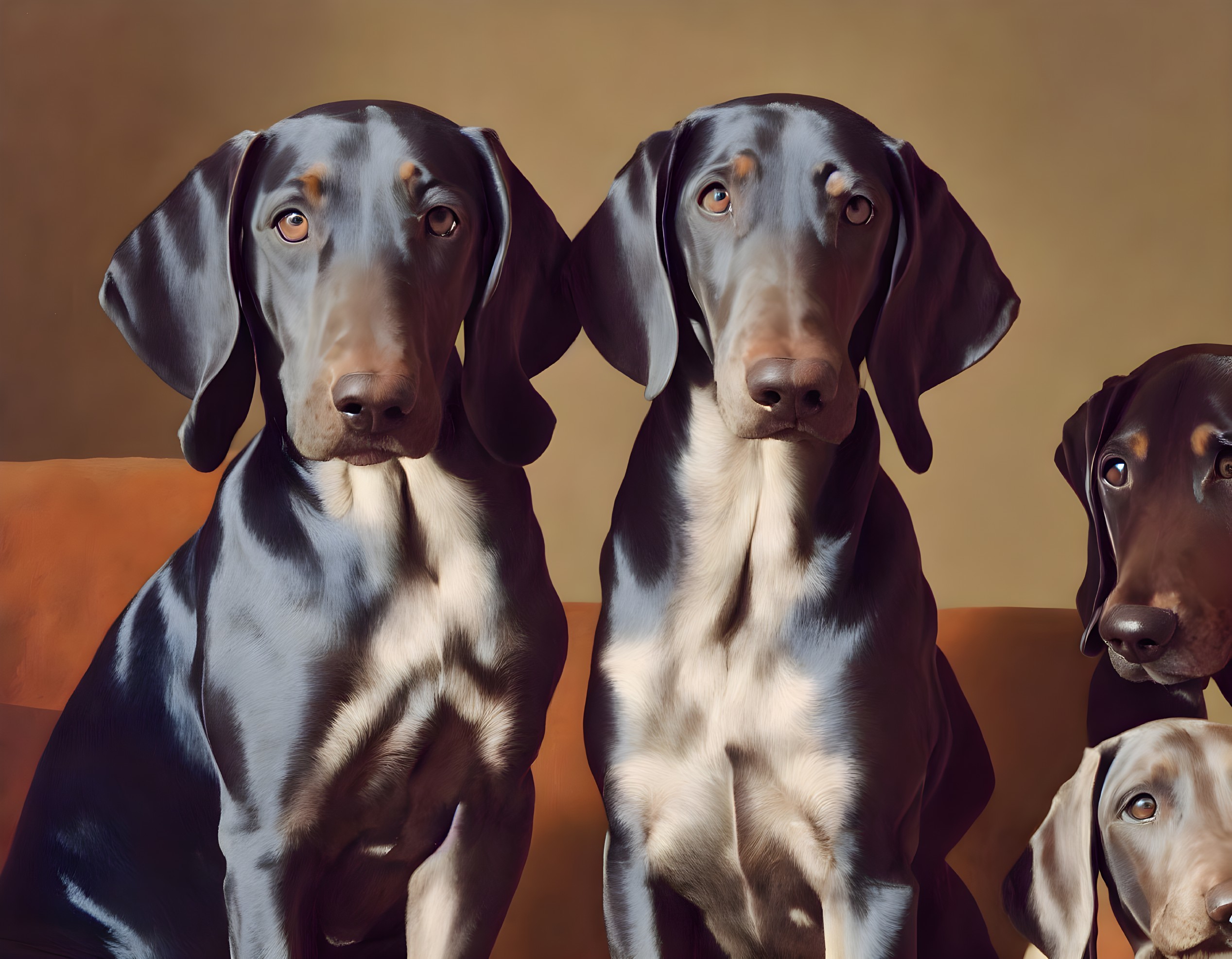 Three Black Doberman Dogs Sitting Together with Shiny Coats and Brown Eyes