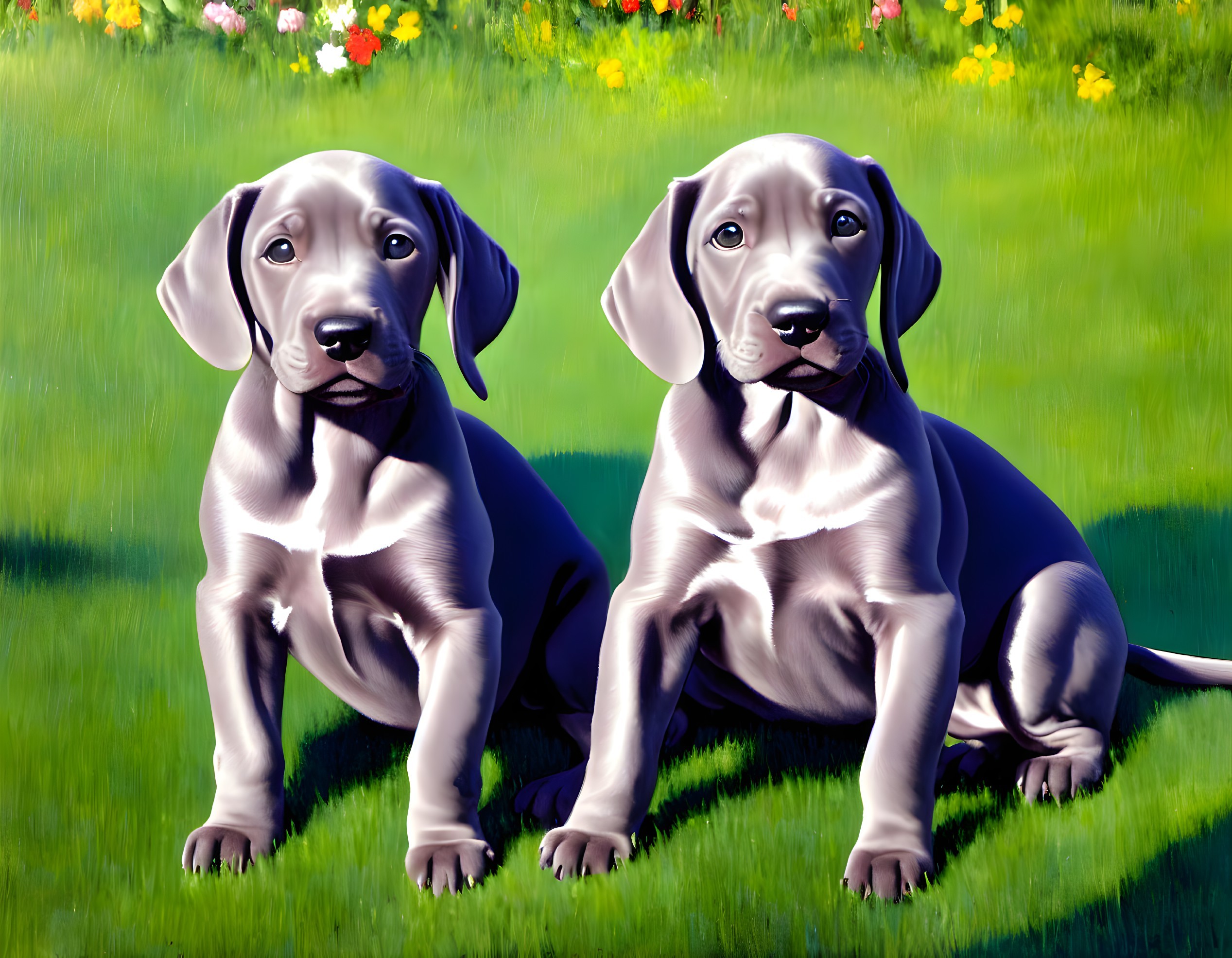 Two Weimaraner puppies on grass with colorful flowers