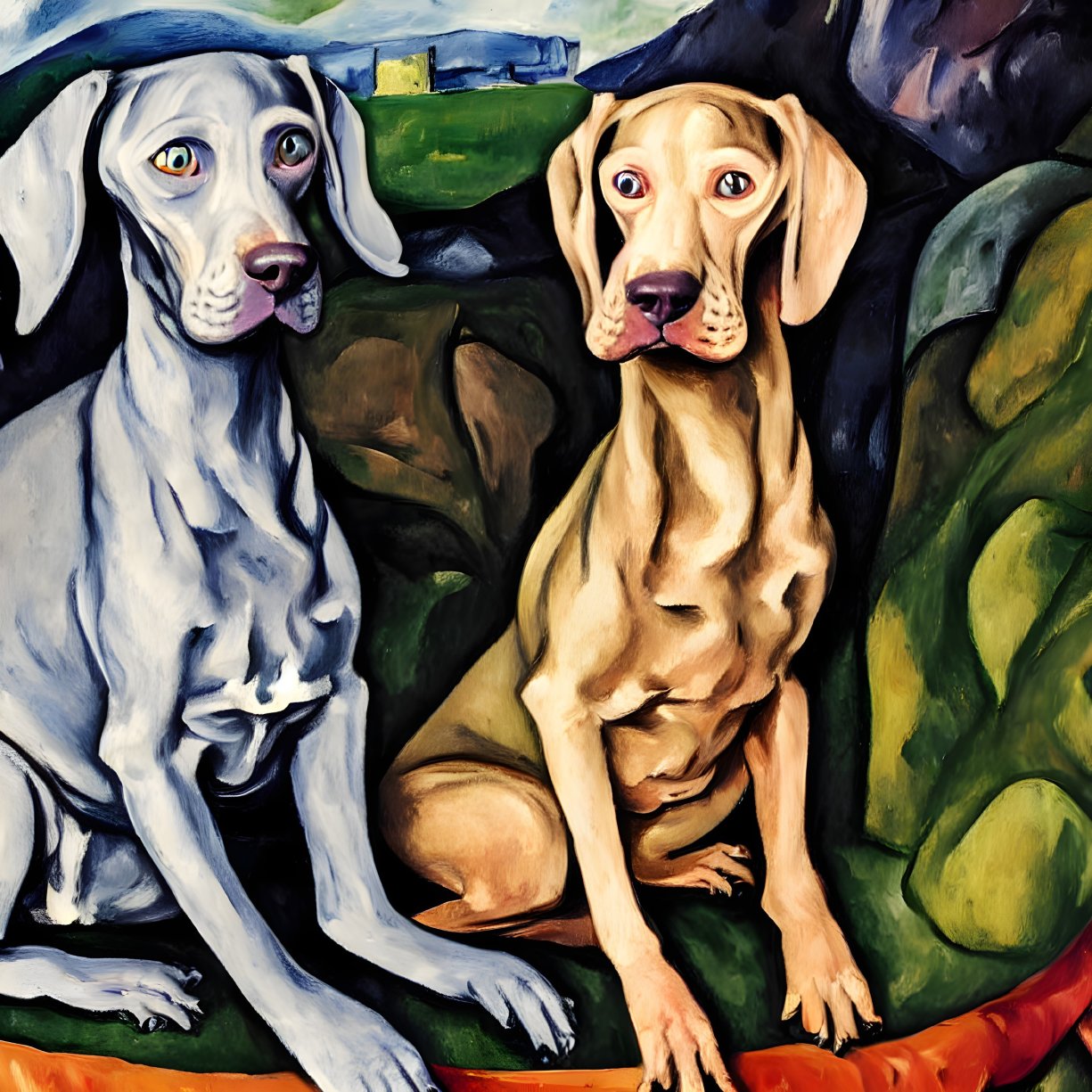 Abstract painting of two dogs with human-like eyes on colorful background