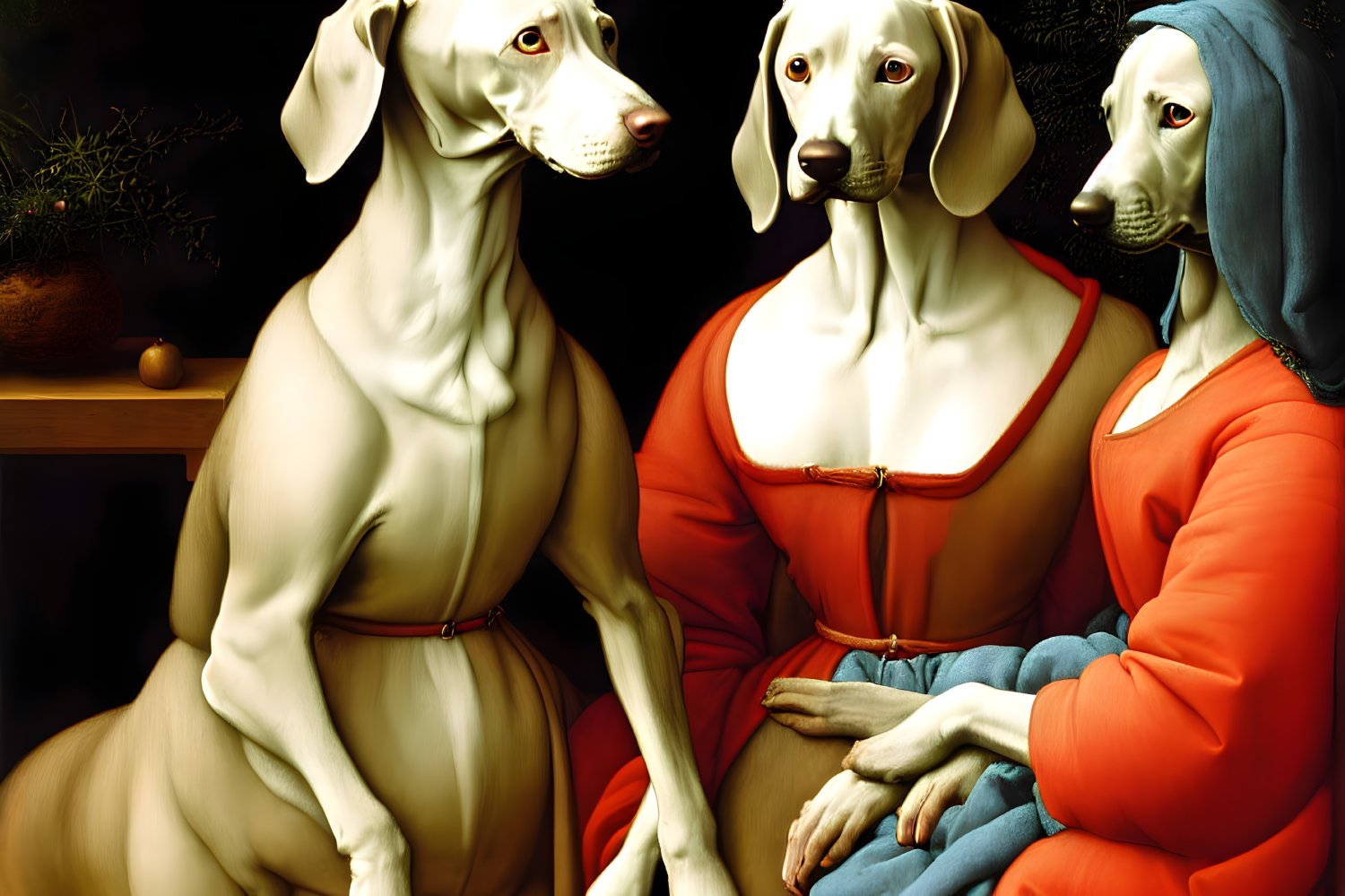 Anthropomorphic Dogs in Renaissance Attire Pose Together