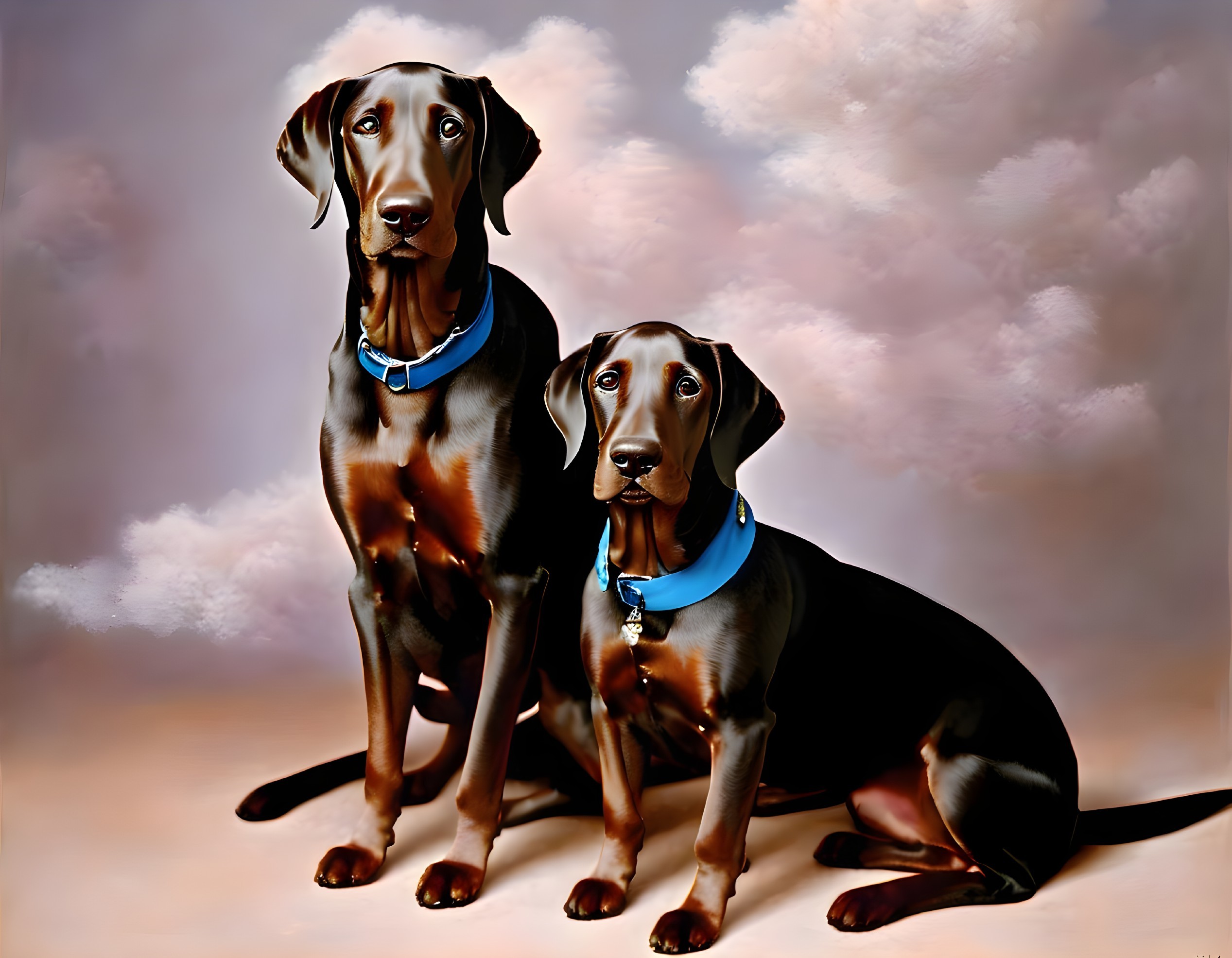 Glossy-coated Doberman dogs with blue collars on cloud-like background