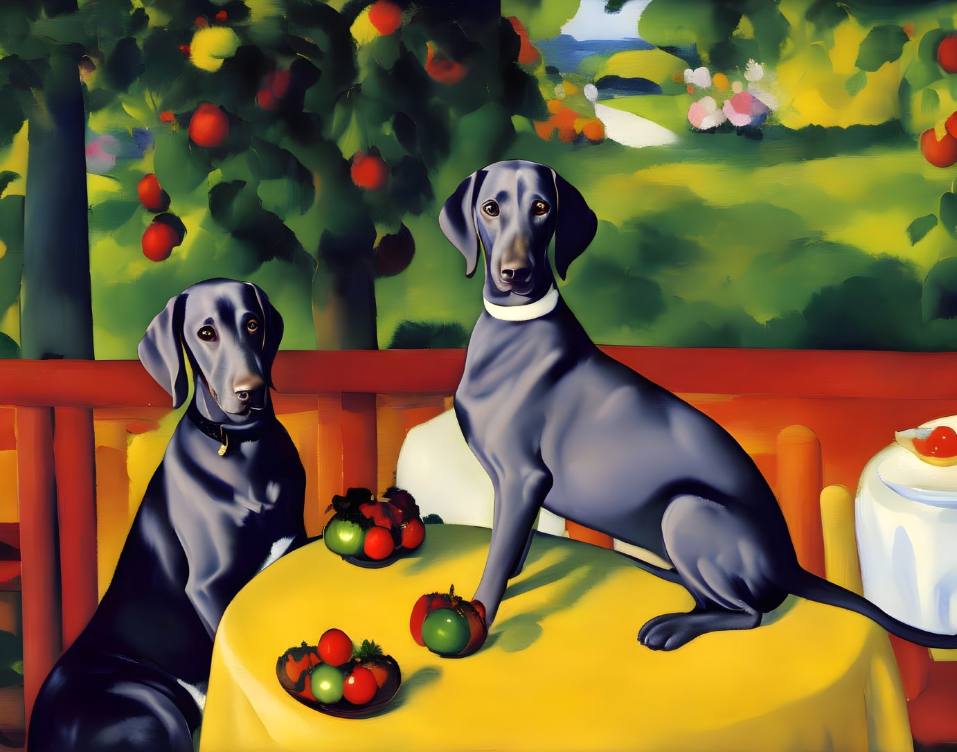 Two Grey Dogs Sitting at Table with Tomatoes in Front of Fruit Tree Garden