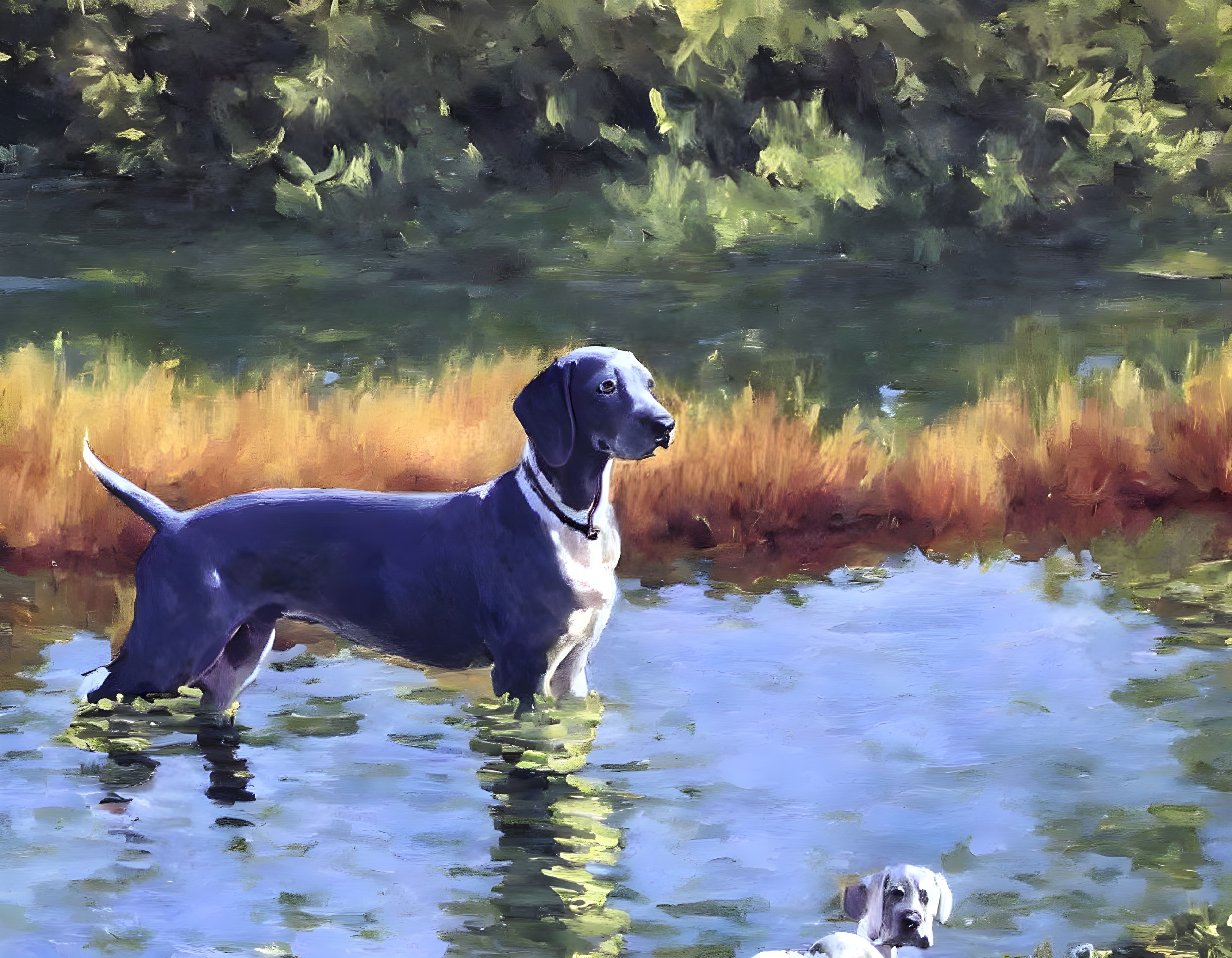 Two dachshunds in shallow water among greenery