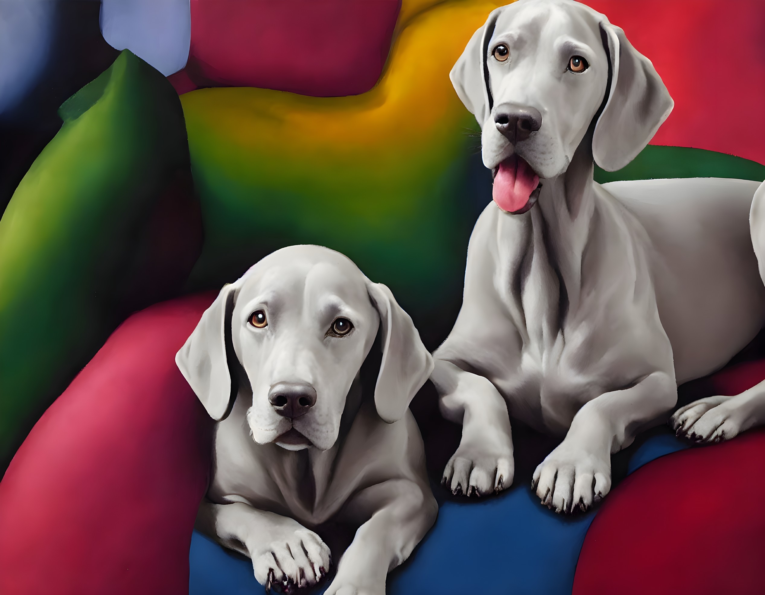 Two White Dogs on Colorful Abstract Background