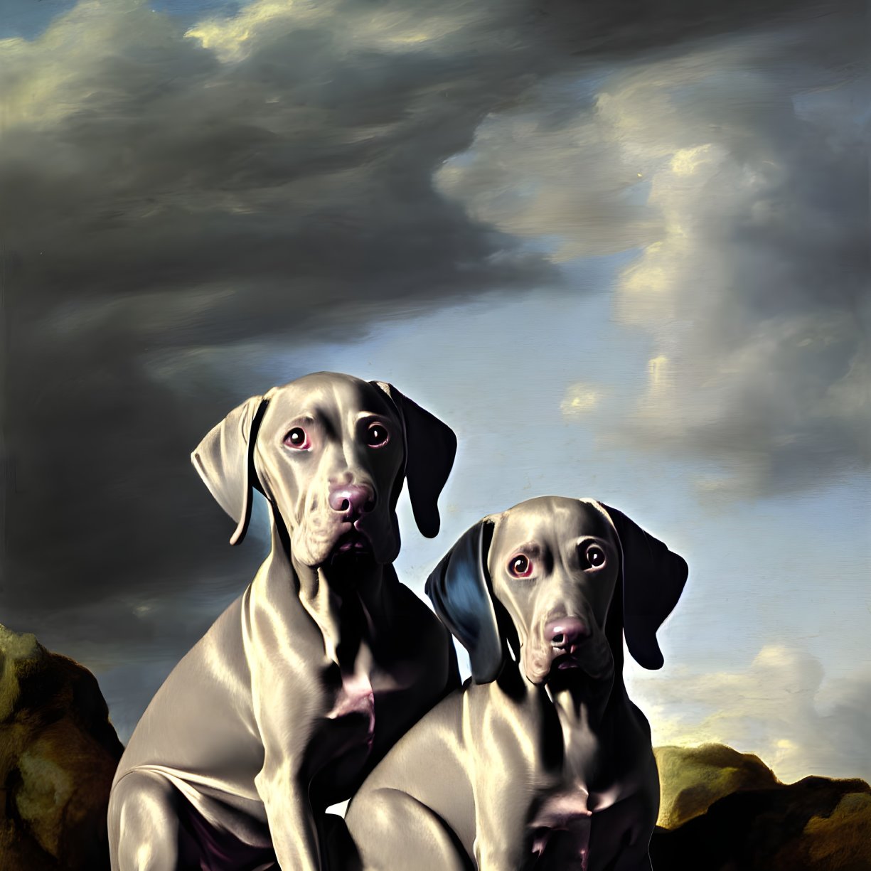 Two Weimaraner Dogs Sitting with Dramatic Clouds