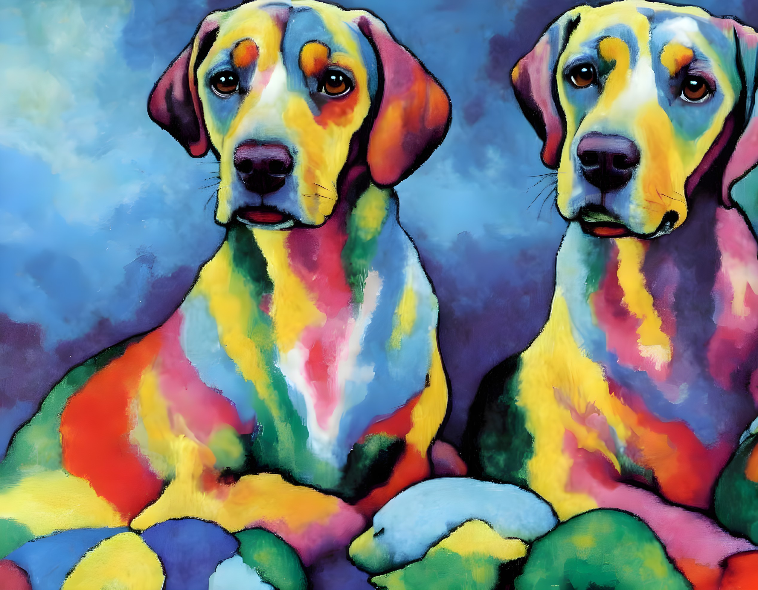 Colorful stylized dogs with expressive eyes on blue abstract background