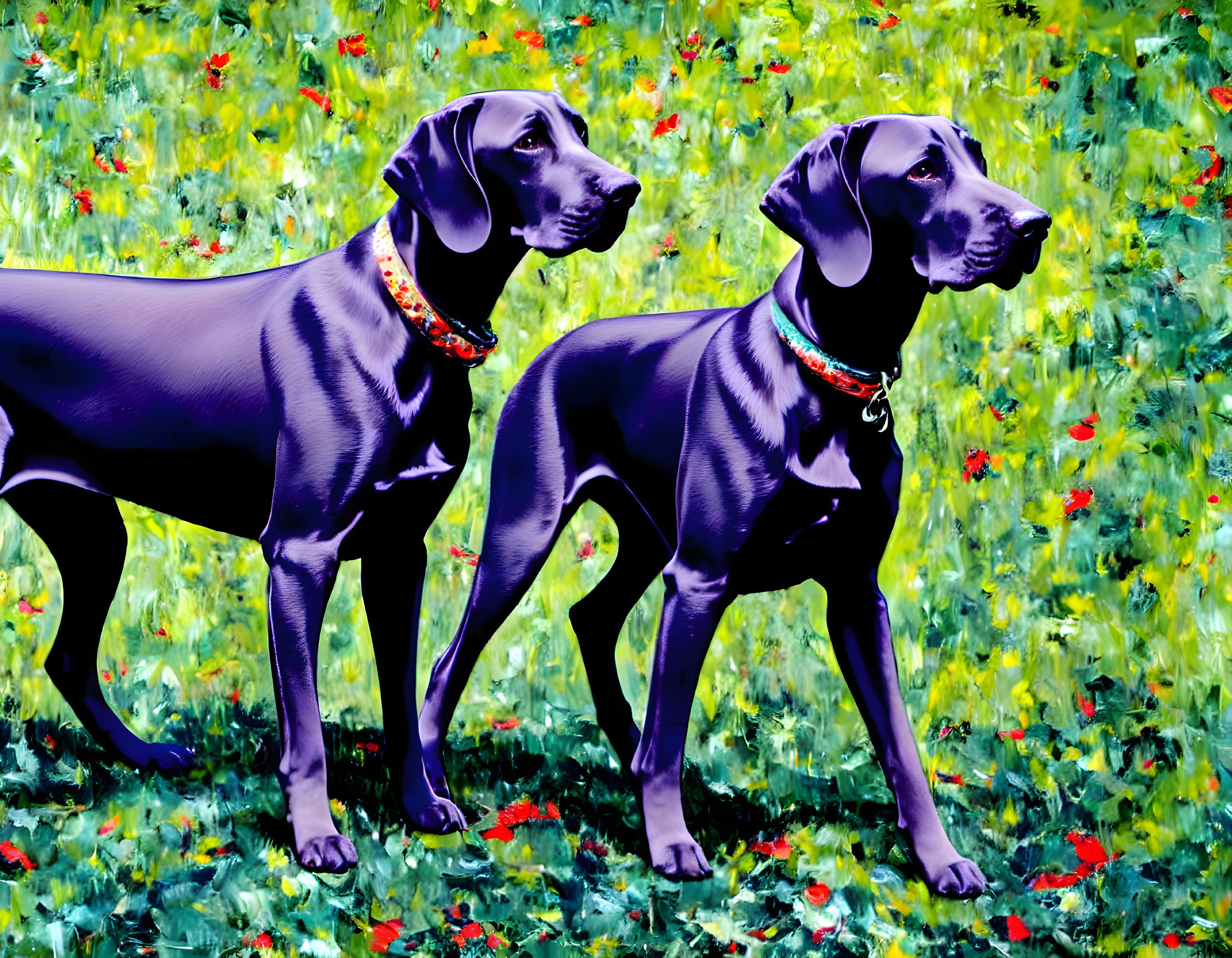 Two Black Dogs with Colorful Collars on Vibrant Green Background