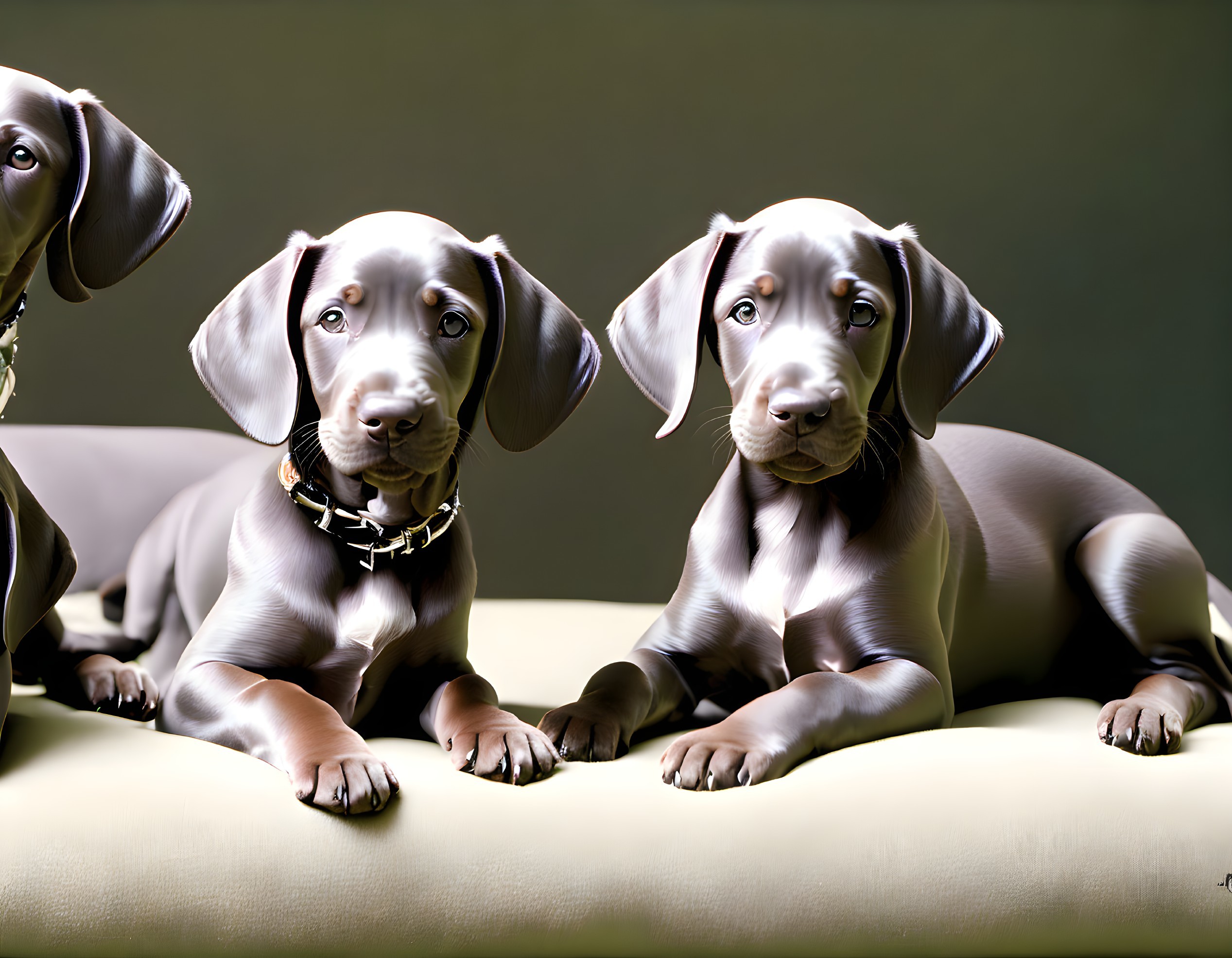 Grey-coated Weimaraner puppies with blue eyes, one wearing studded collar, looking at