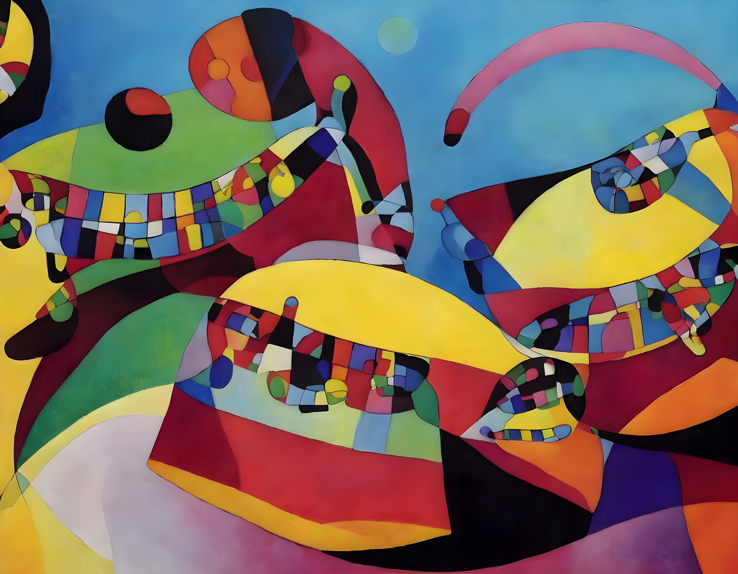 Colorful Abstract Painting with Geometric Shapes & Stylized Faces