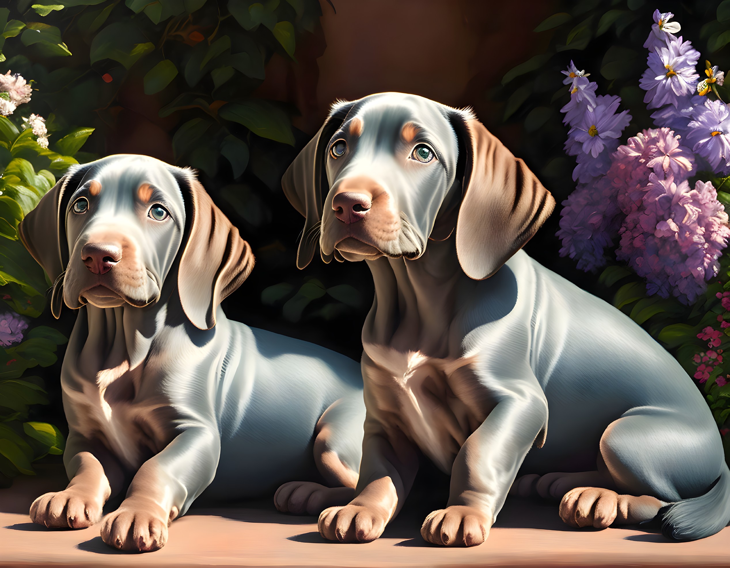 Two Gray Puppies Among Colorful Flowers in Warm Sunlight