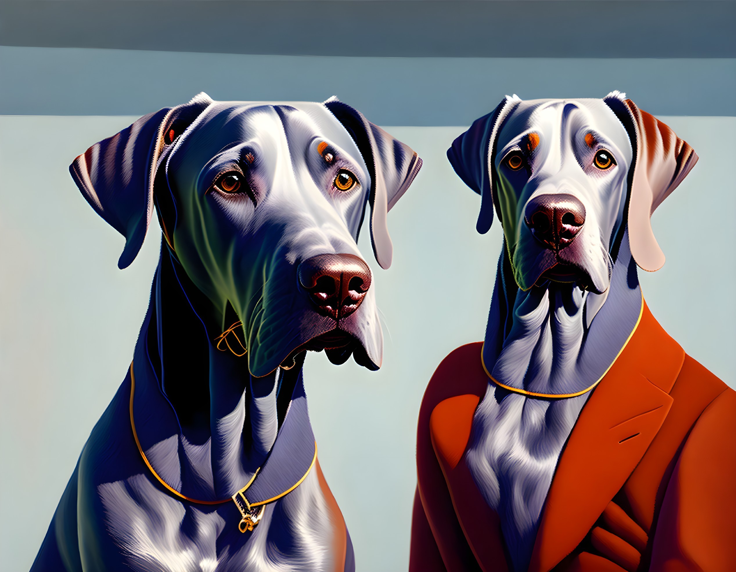 Stylized Great Danes in Blue Shirt and Orange Suit on Plain Background