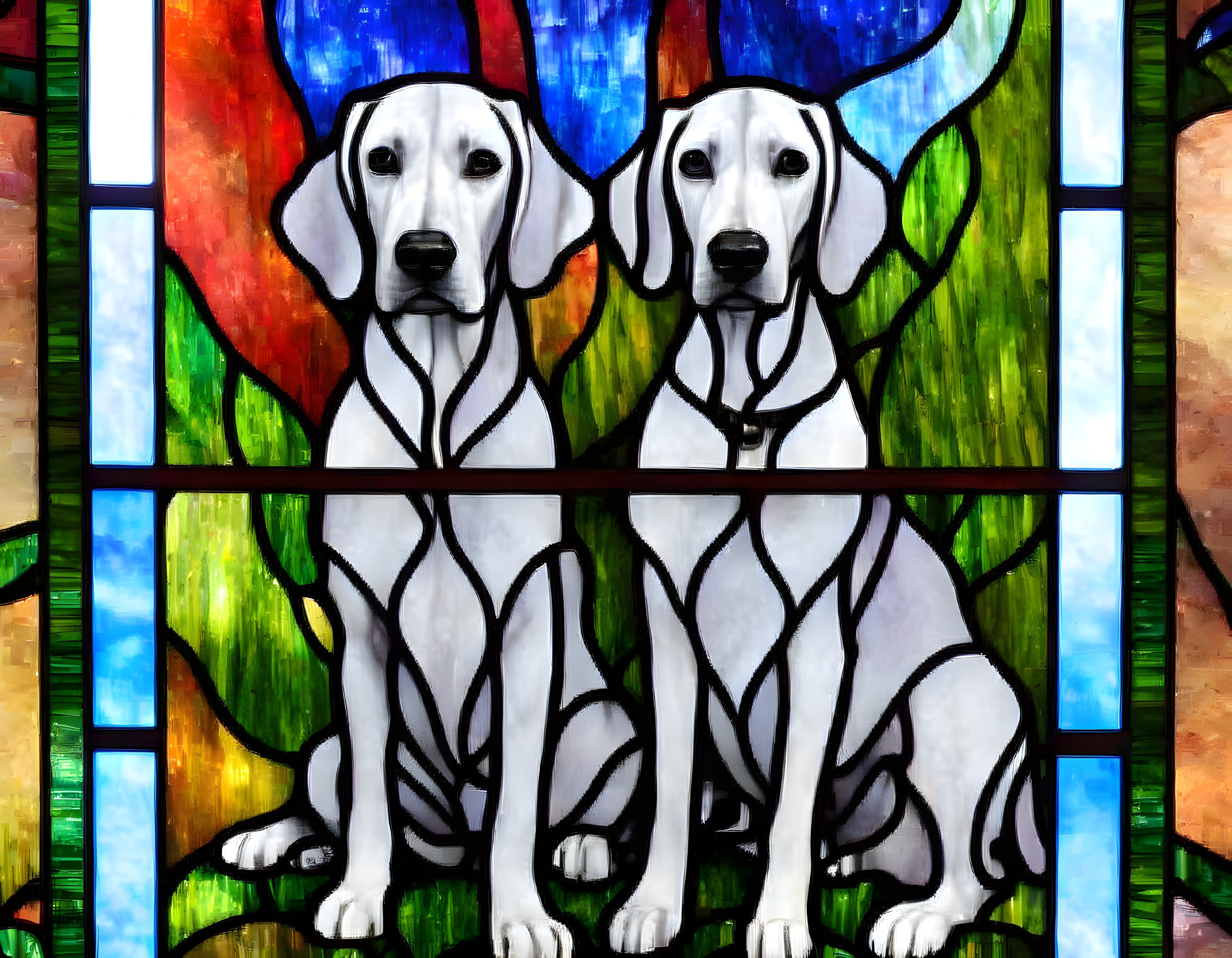 Colorful Stained Glass Window with Two White Dogs