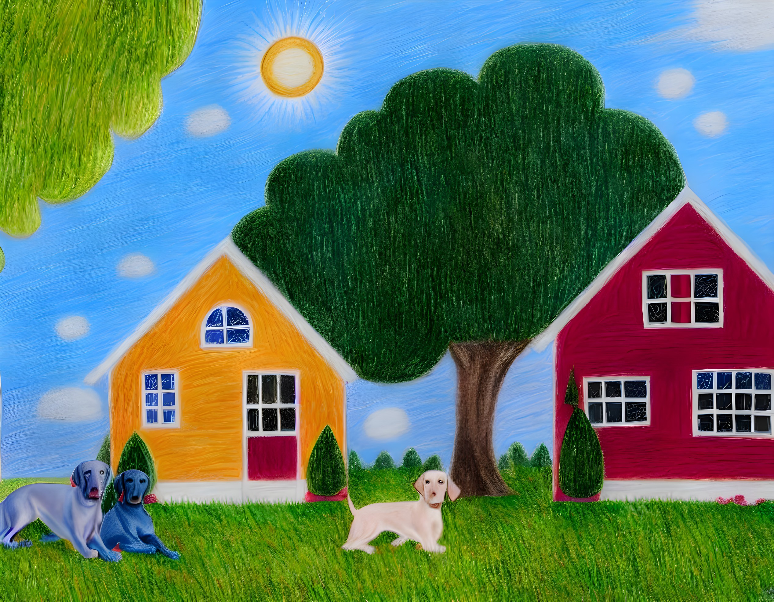 Vibrant landscape with colorful houses and playful dogs