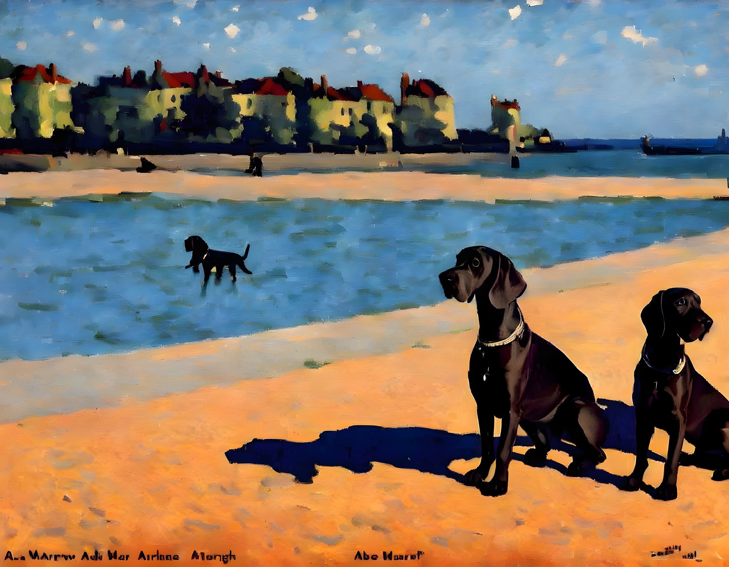 Three dogs on beach with ships and buildings in background