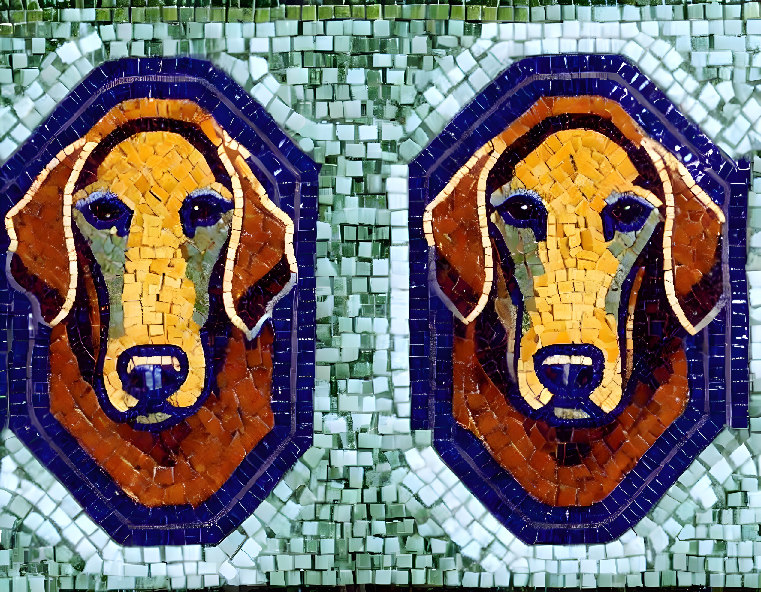 Symmetrical dog face mosaic with blue, yellow, and brown tiles