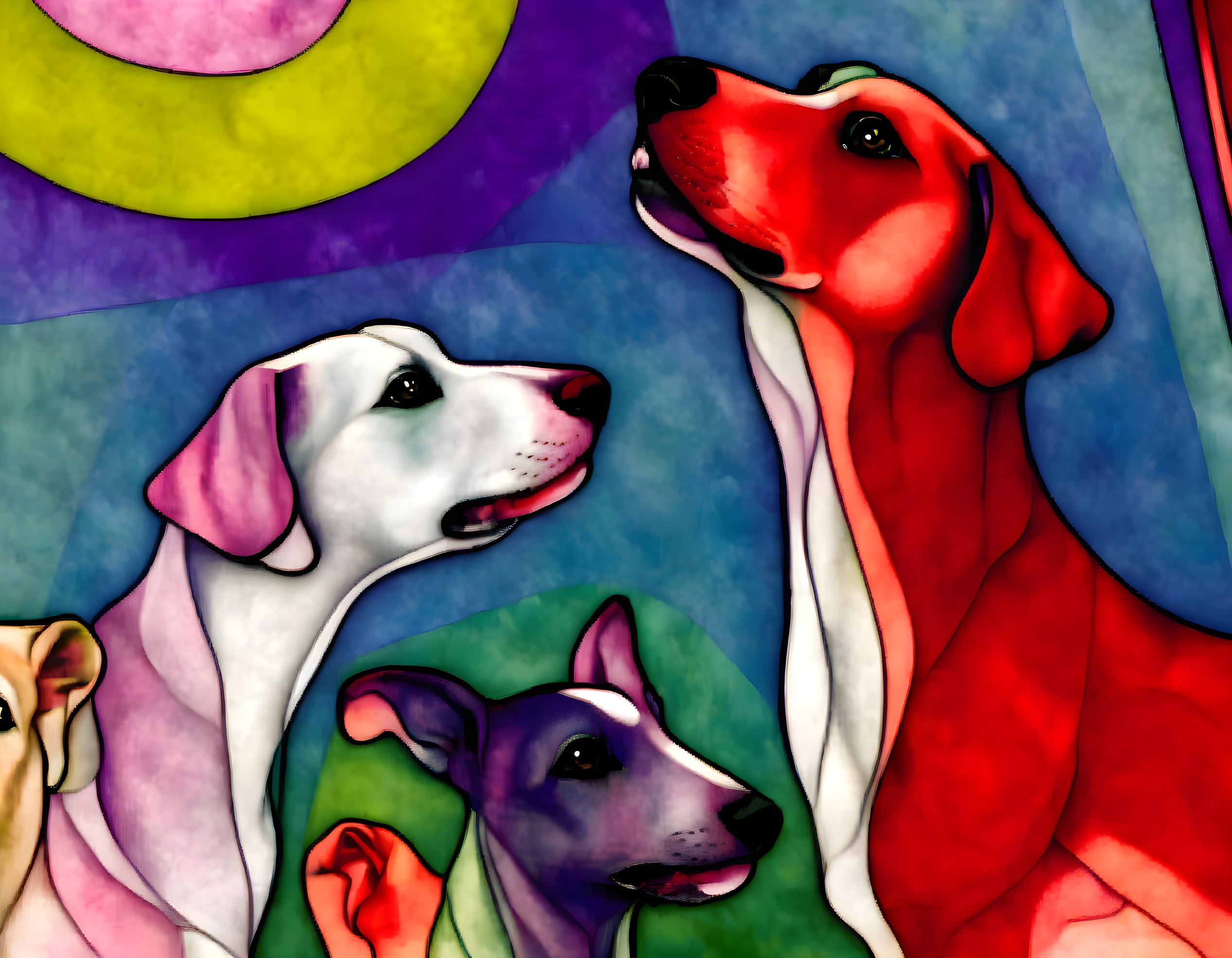 Vibrant stained-glass dogs under blue sky with yellow & purple moon