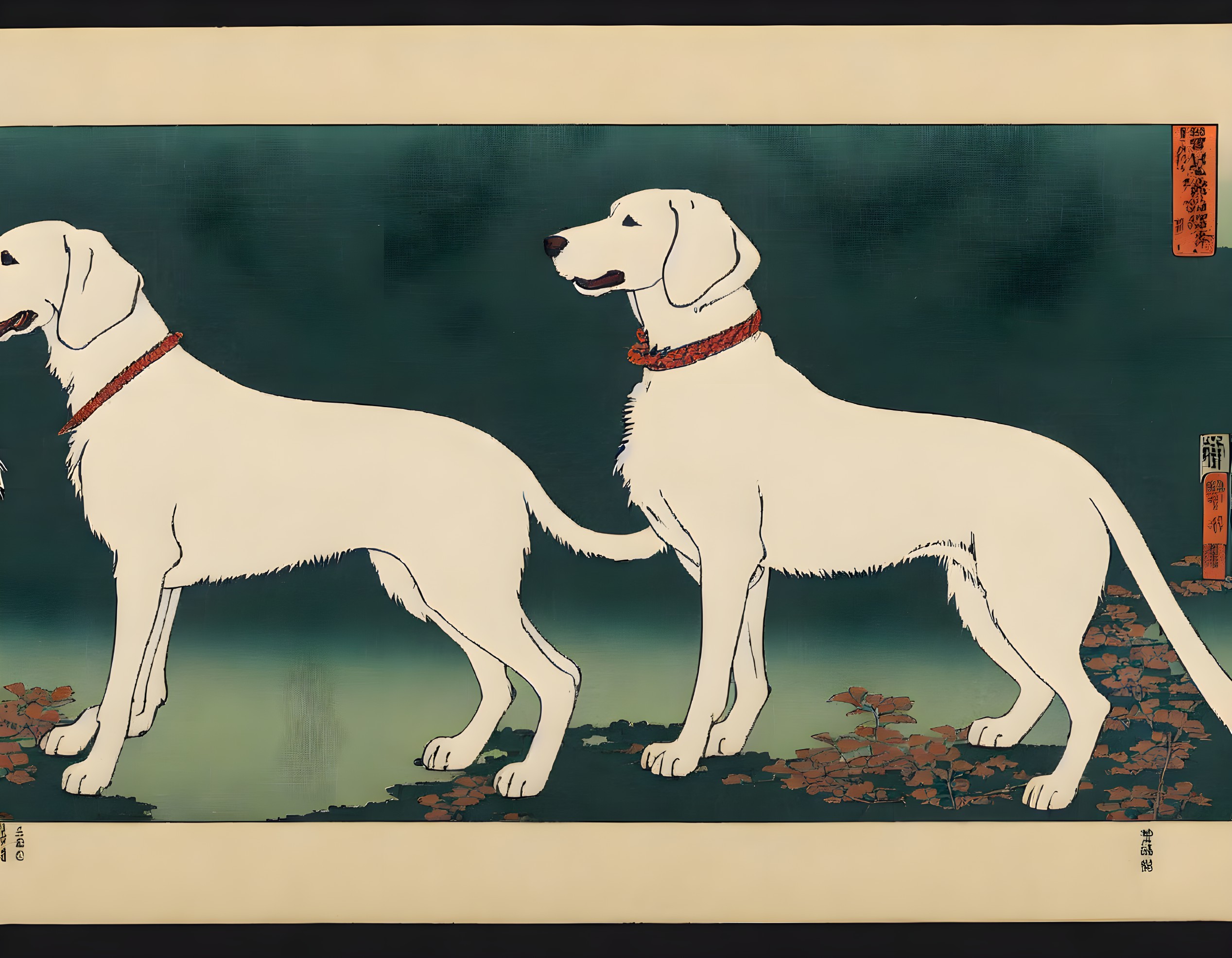 Two White Dogs with Red Collars in Traditional Asian Art Style