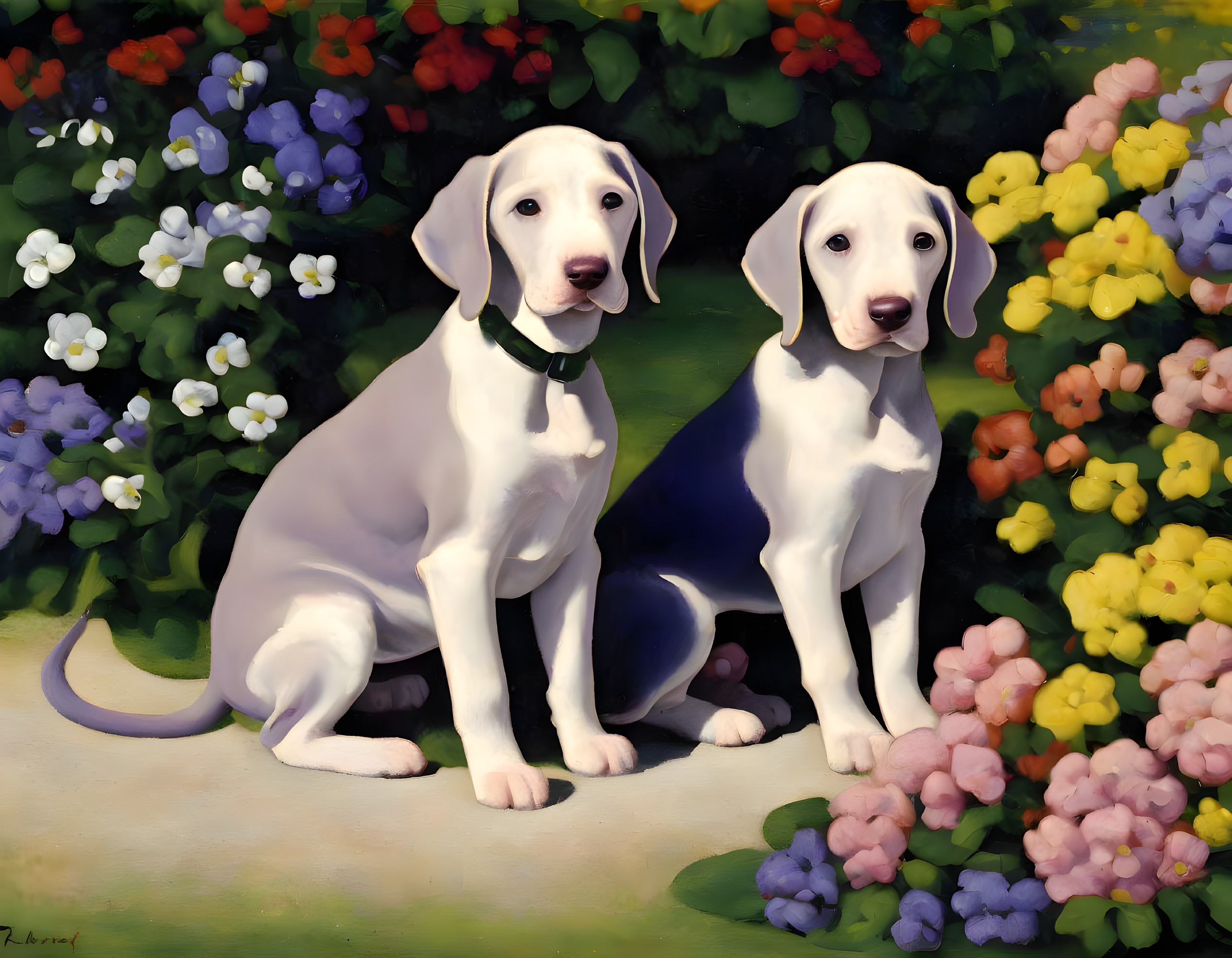 Puppies Surrounded by Colorful Blooming Flowers